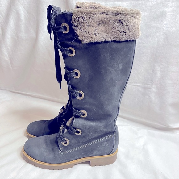 Timberland Mirney black leather faux fur thong and trim high boots - Picture 8 of 14